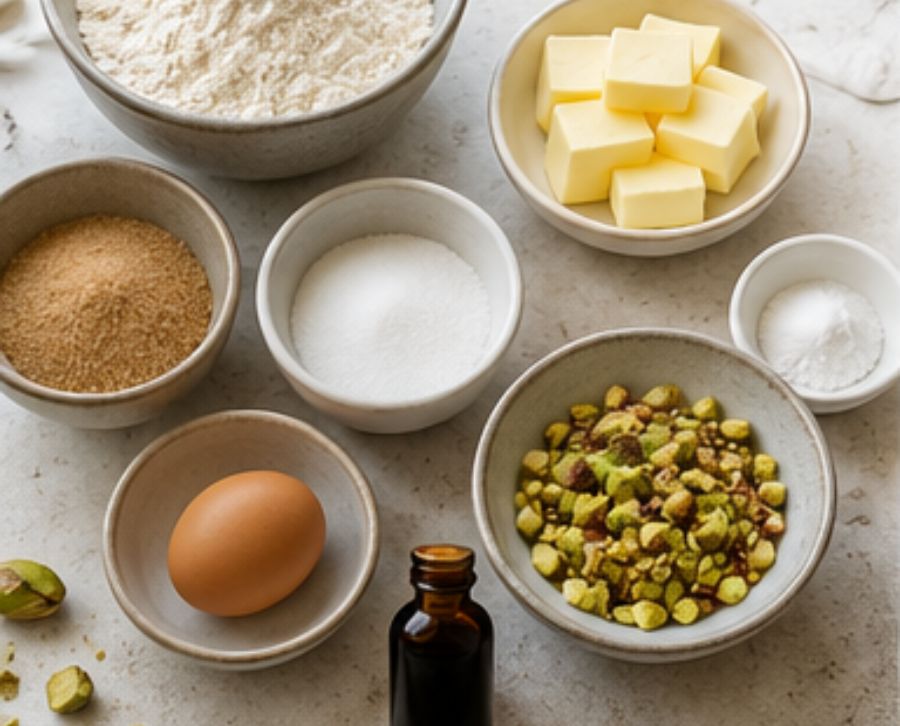 Ingredientes para preparar cookies de pistacho caseras con harina, mantequilla, huevo, azúcar y pistachos troceados.