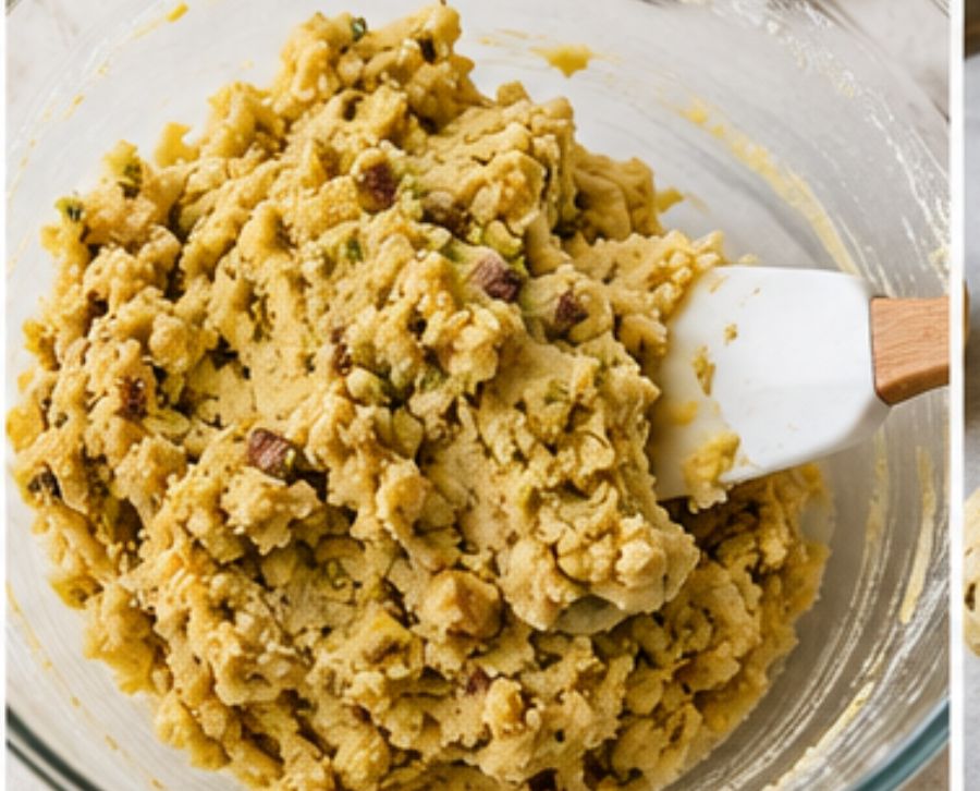 Masa de cookies de pistacho caseras con pistachos troceados antes de hornear.