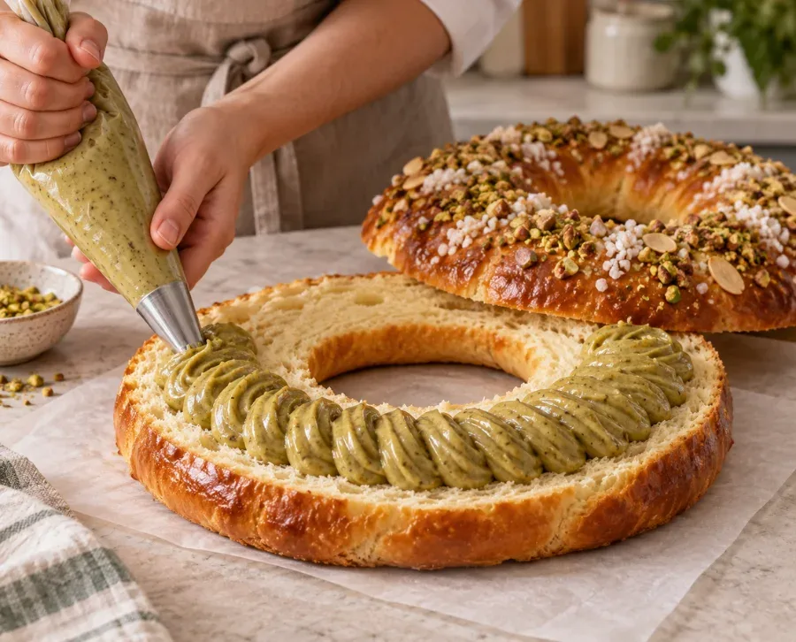Roscón de Reyes de pistacho casero relleno con crema de pistacho y decorado con granillo