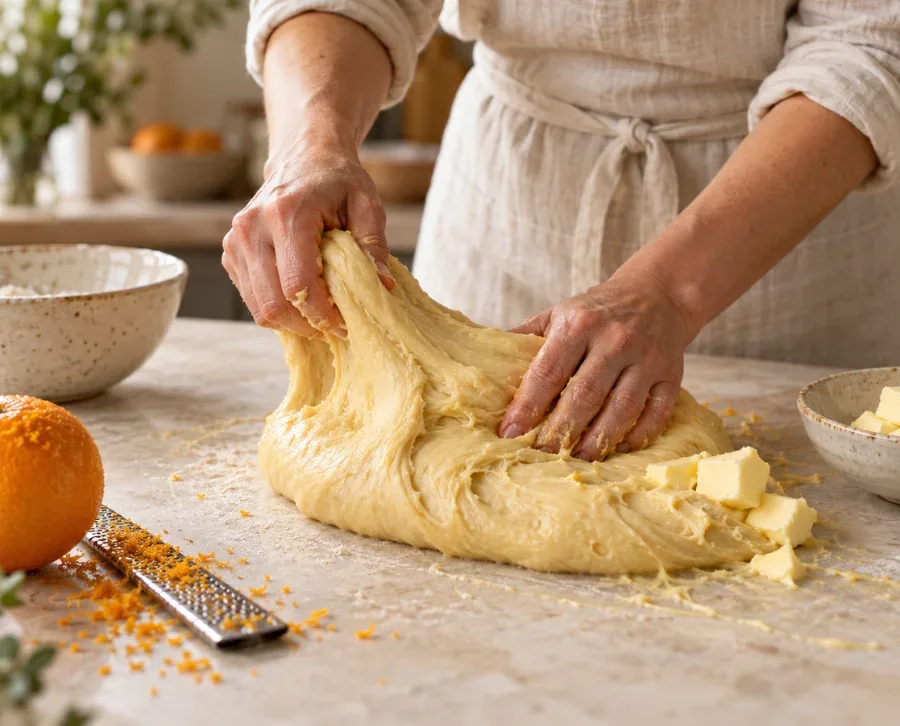 Amasado de la masa del roscón de Reyes incorporando la mantequilla y ralladura de naranja