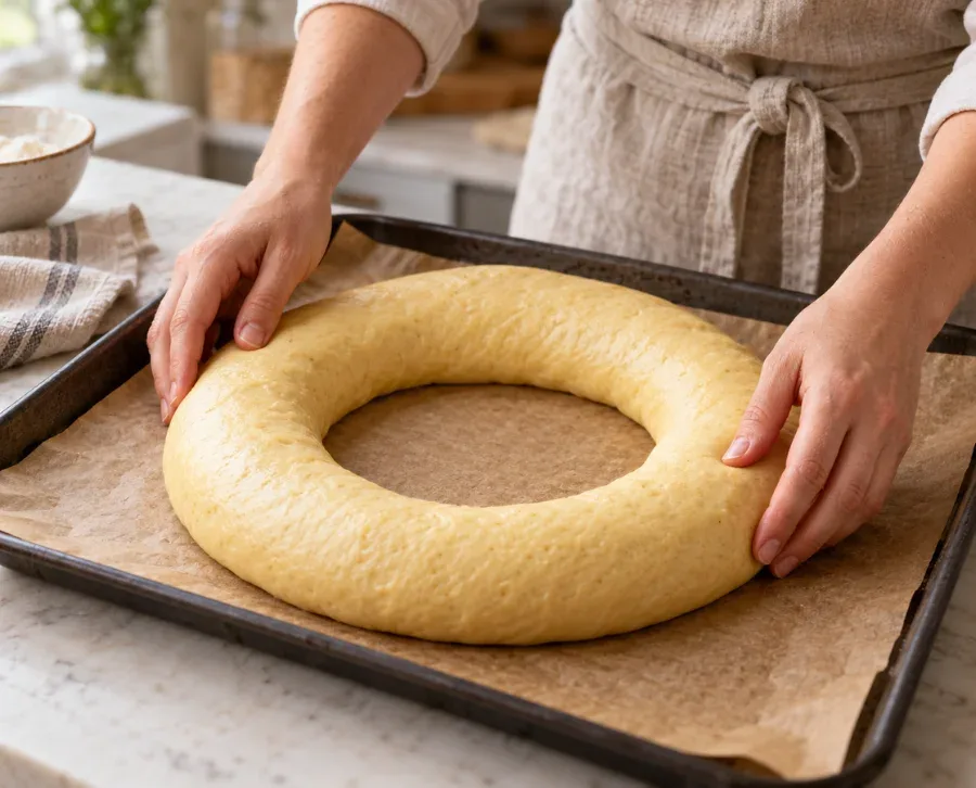 Formado de la masa del roscón de Reyes en forma de corona sobre papel de horno