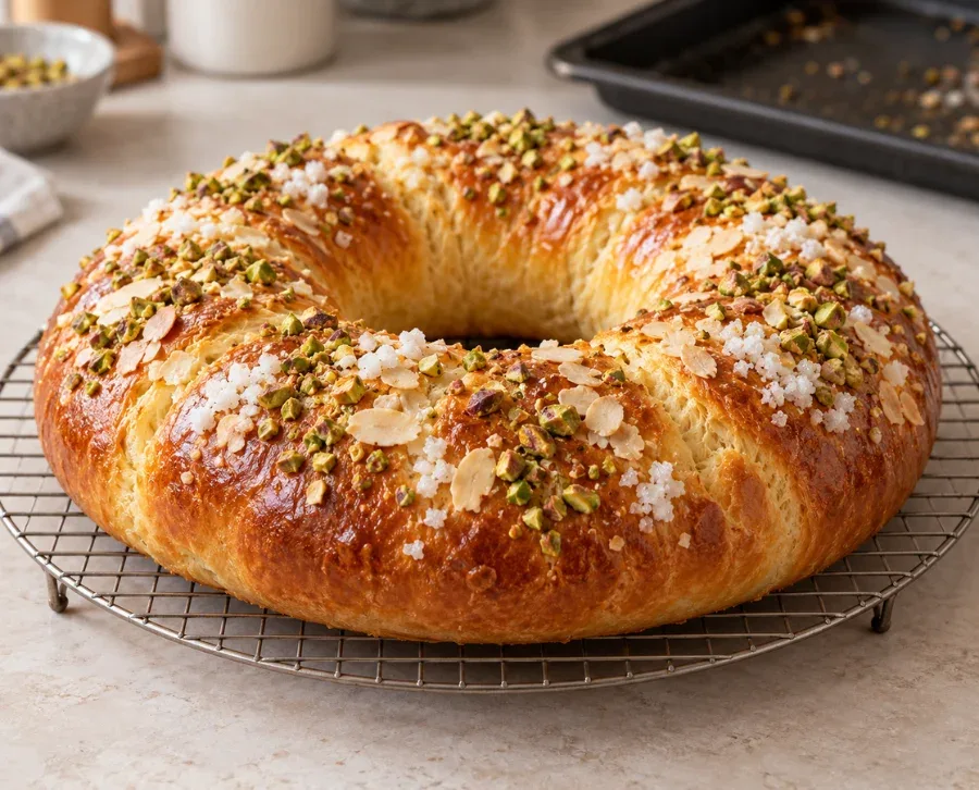 Roscón de Reyes recién horneado con granillo de pistacho y azúcar enfriándose en rejilla