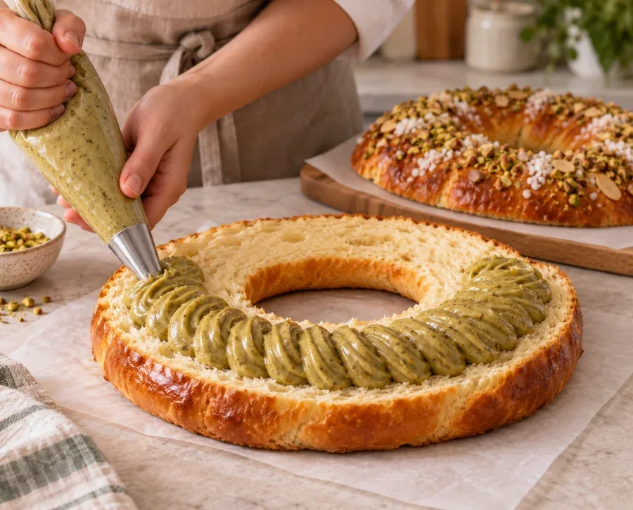 Relleno del roscón de Reyes con crema de pistacho con manga pastelera